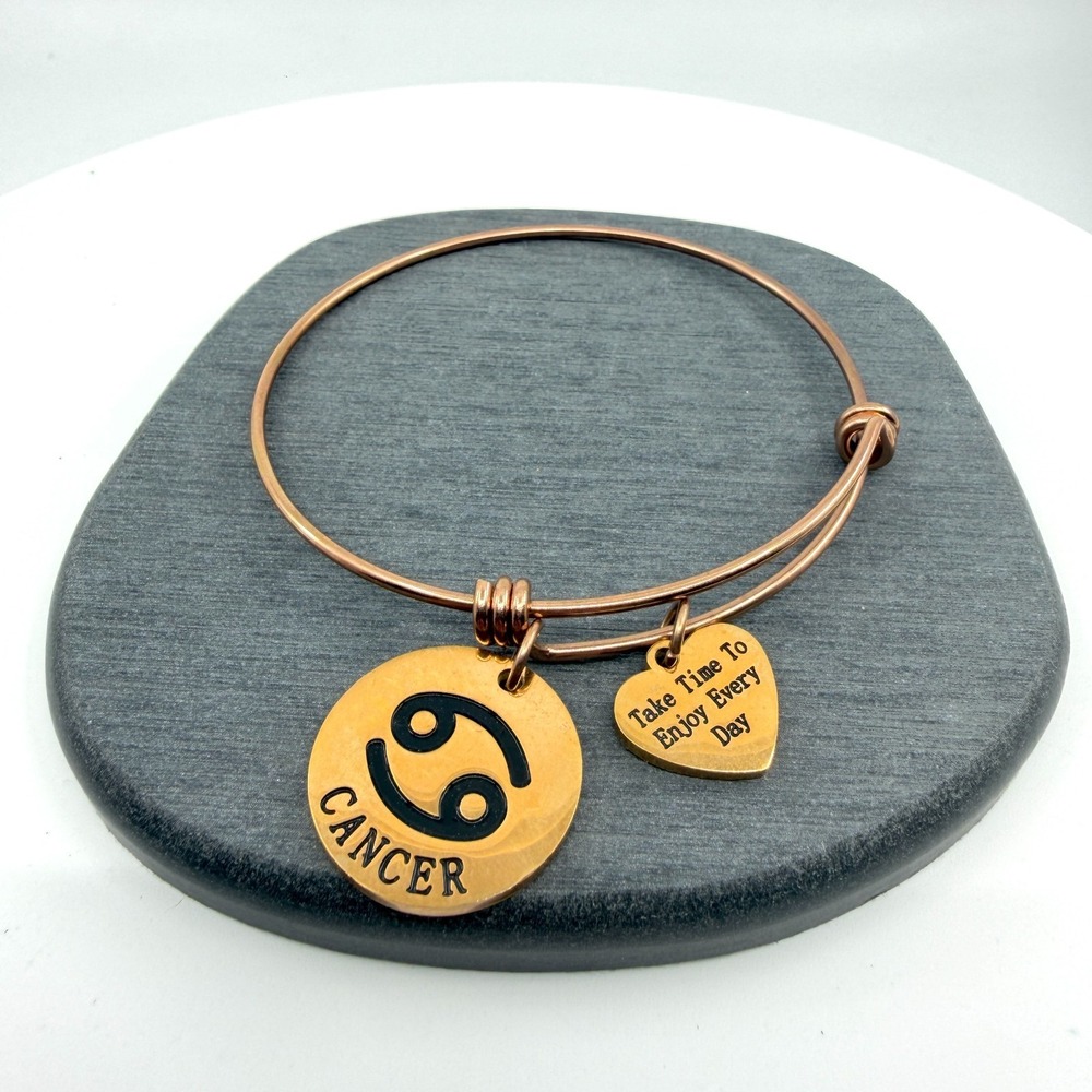 Cancer Zodiac Bangle Bracelet Rose Gold Tone Charm Celestial Gift Jewelry